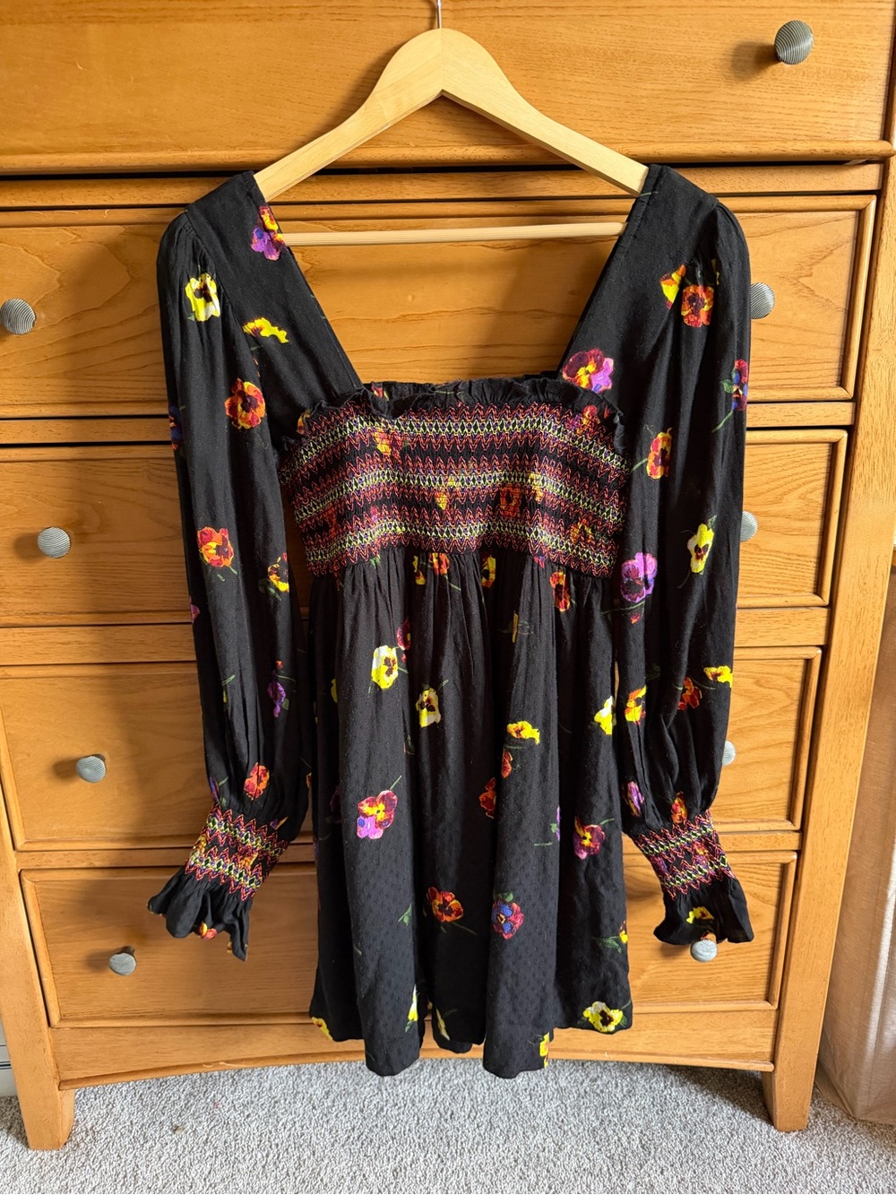 Urban Outfitters Isobel Smocked Floral Mini Frock Dress Size M Boho Embroidery